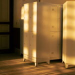 A locker room with sunset light